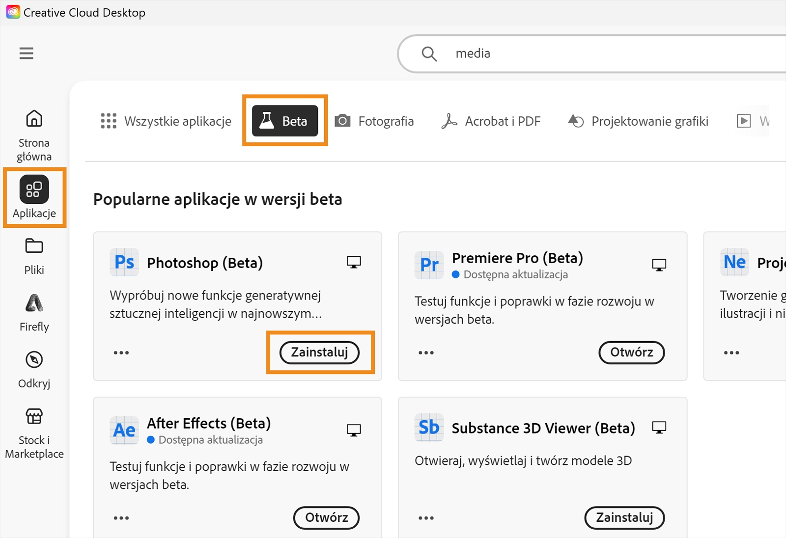 Konsola Creative Cloud jest otwarta, a opcje Aplikacje, Beta i Instaluj są podświetlone. Wybierz opcję Zainstaluj dla aplikacji w wersji Beta, aby ją zainstalować. 