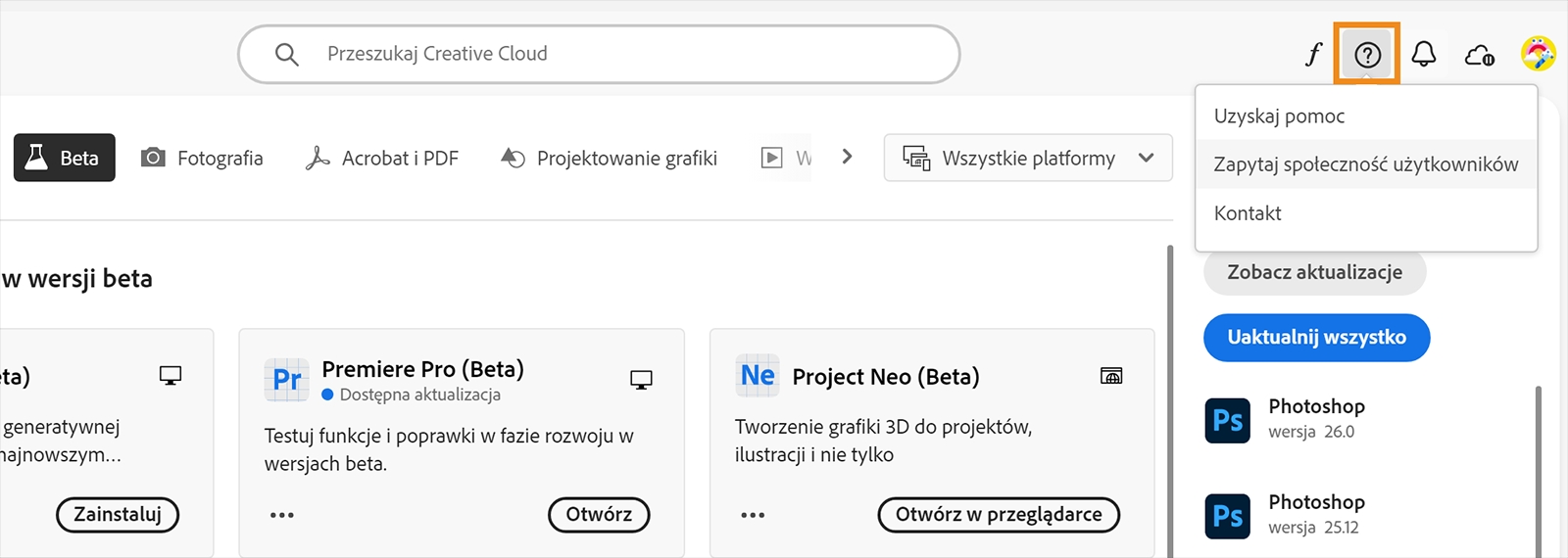 Konsola Creative Cloud jest otwarta, a ikona Pomoc i zasoby jest podświetlona. Wyświetlone są opcje pozwalające uzyskać wsparcie, zadać pytanie społeczność lub skontaktować się z firmą Adobe.