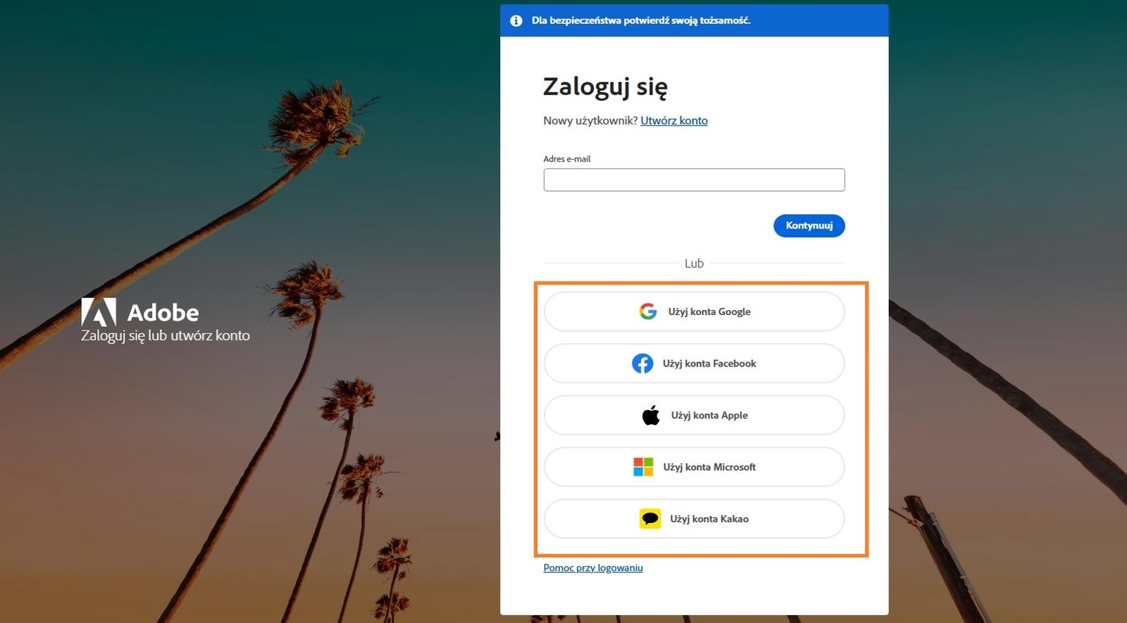 Ikony kont społecznościowych dostępne po prawej stronie ekranu na stronie logowania umożliwiają kontynuowanie logowania za pomocą konta mediów społecznościowych.