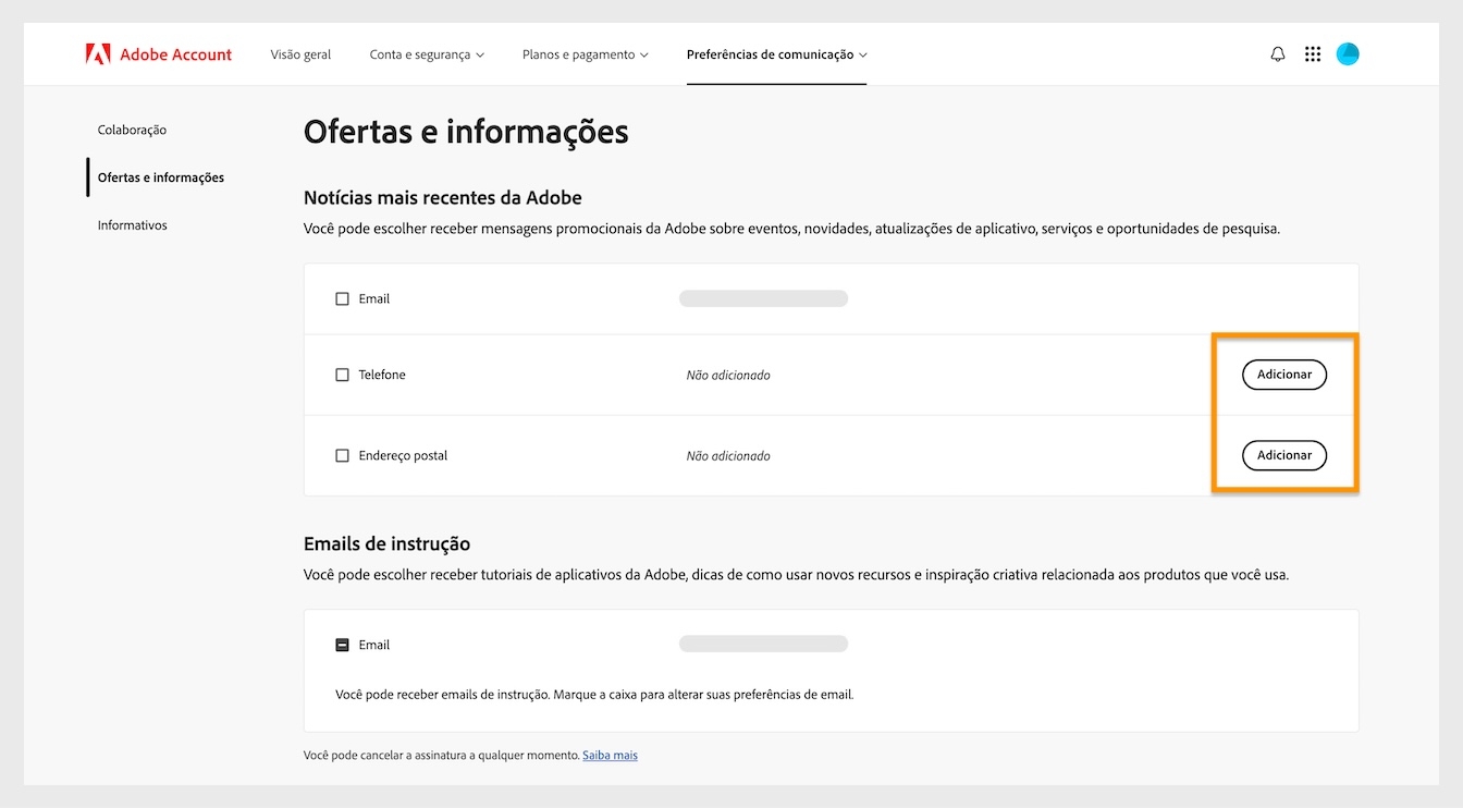 O botão Adicionar, localizado no lado direito da tela em Novidades da Adobe, permite adicionar detalhes de comunicação como número de telefone ou endereço postal.