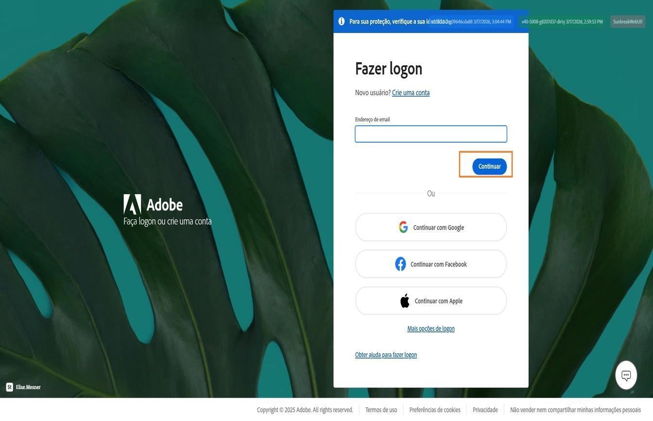 A página de logon da Adobe contendo o campo para inserir o endereço de email e o botão Continuar destacado.