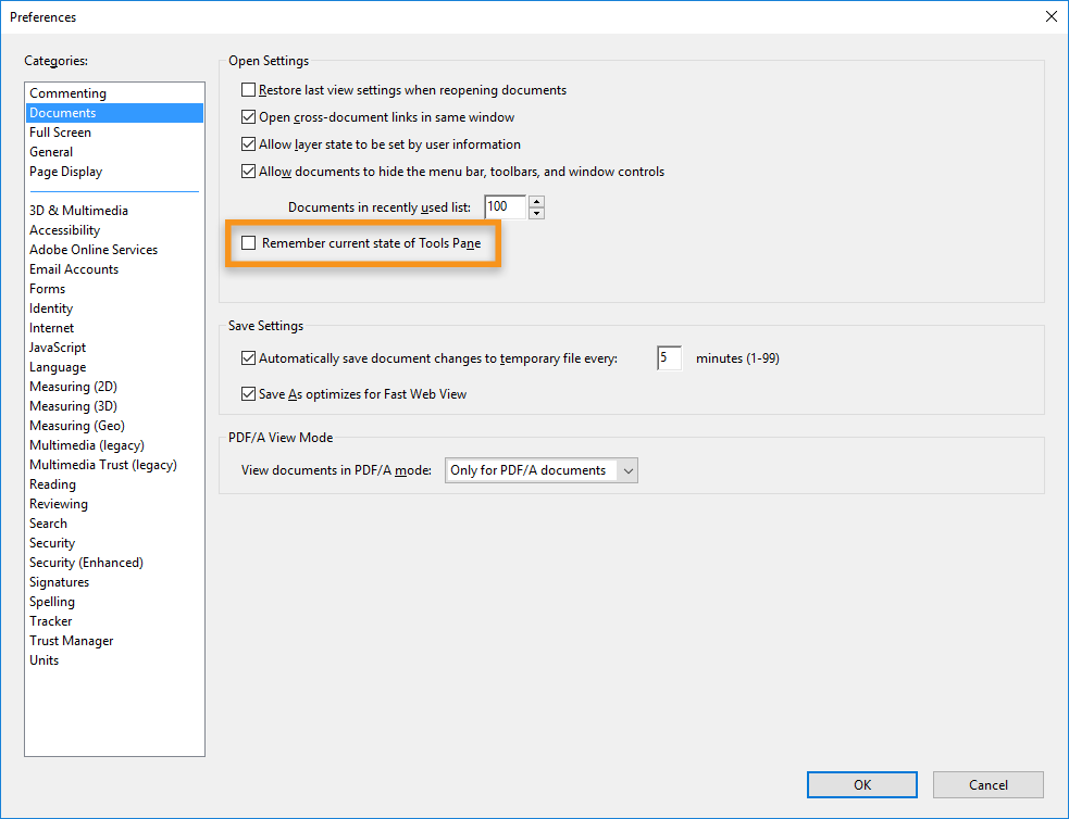 Feche permanentemente o painel Ferramentas no Acrobat Reader