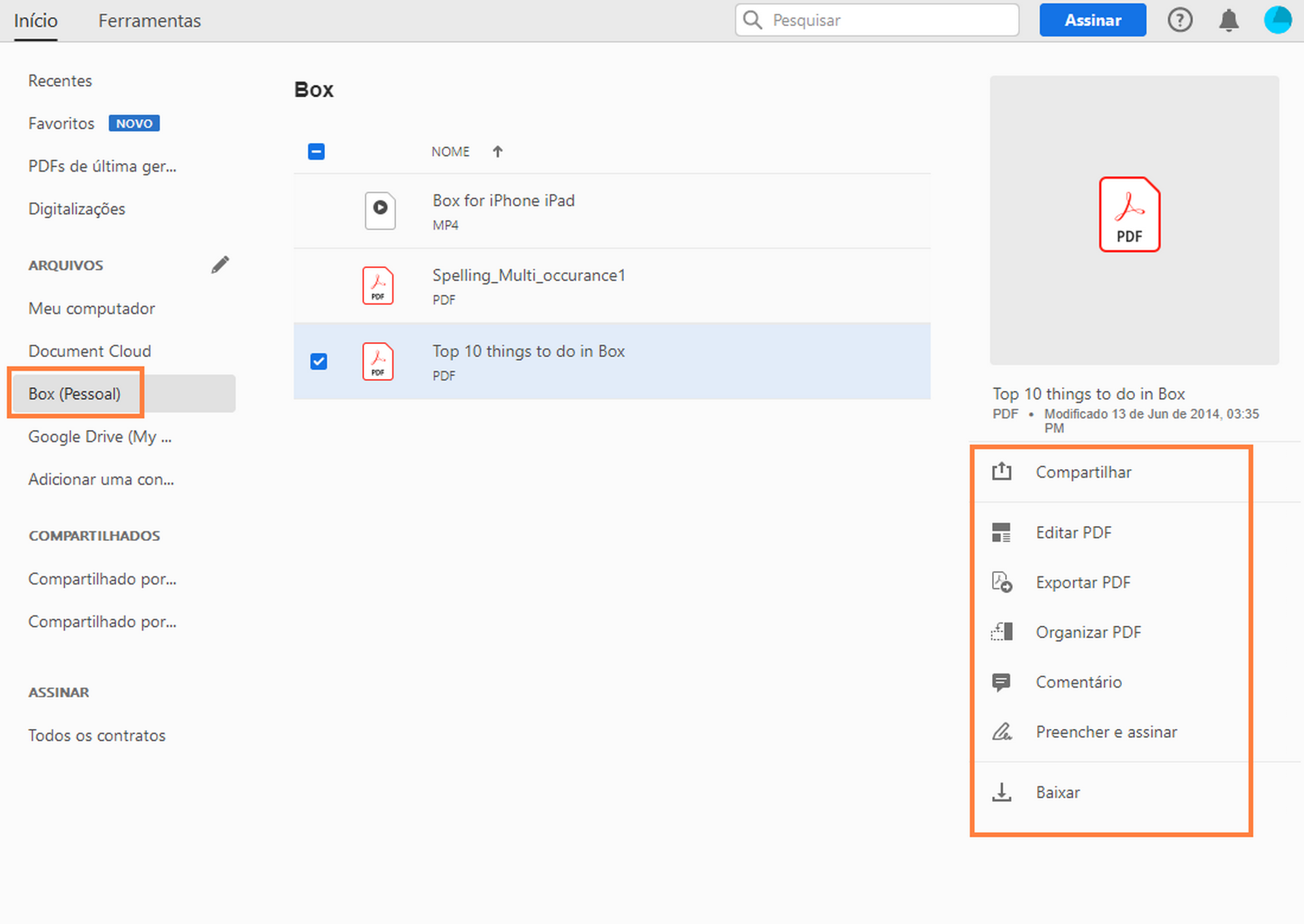Acesso aos arquivos do Box no Acrobat/Reader