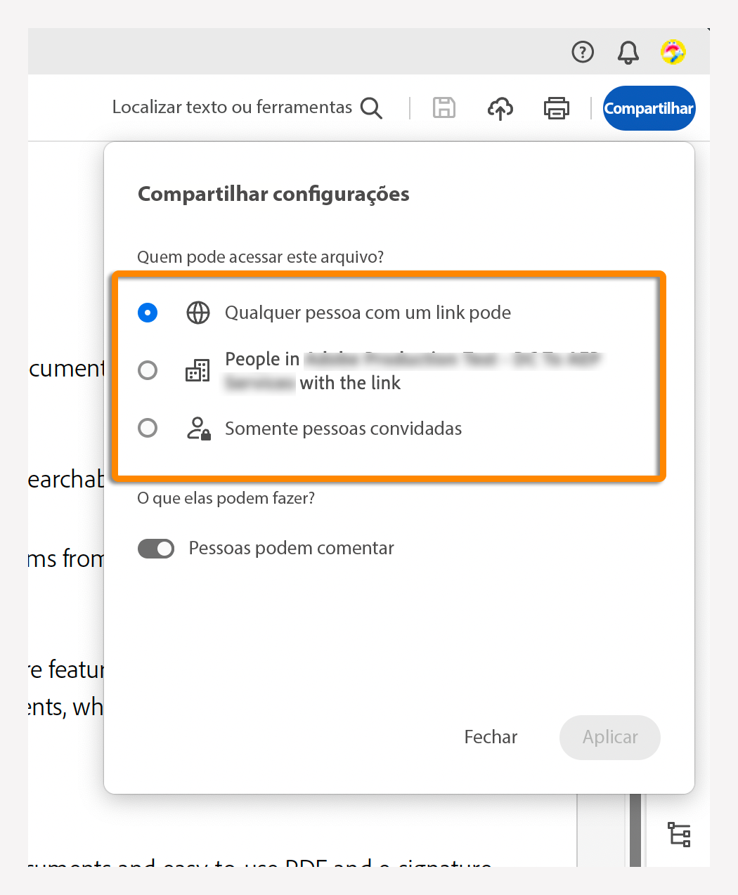 Escolha o tipo de acesso para o link