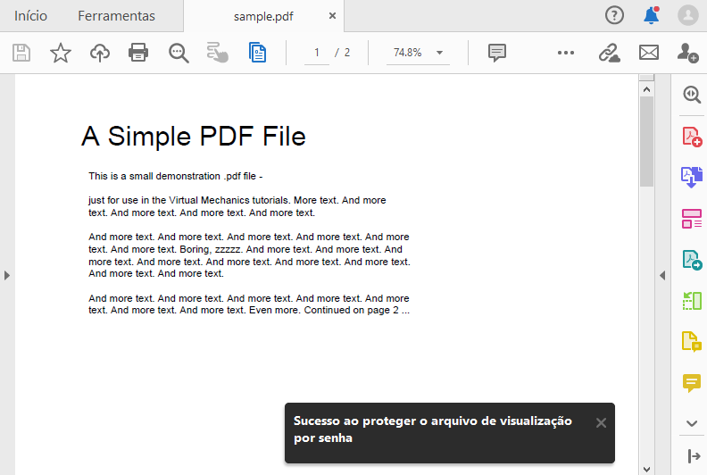 Mensagem de confirmação de proteção
