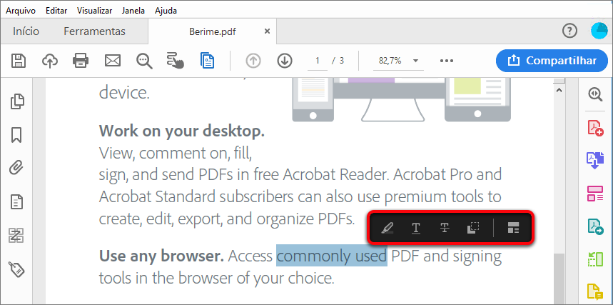 Açőes ao selecionar texto