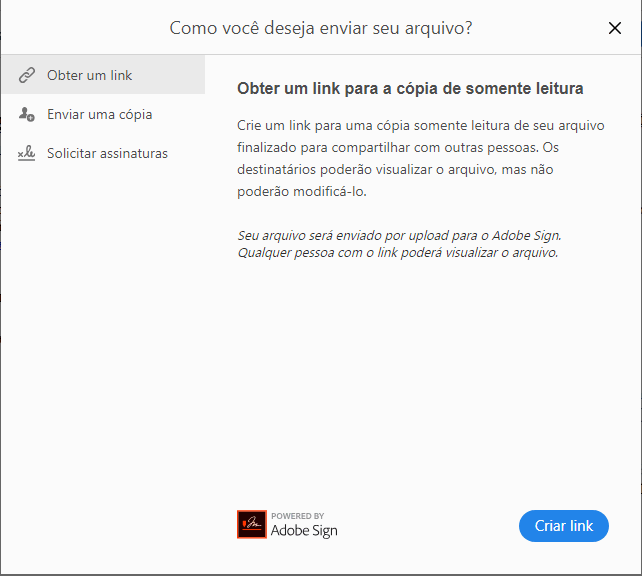 Opções de compartilhamento para formulário preenchido
