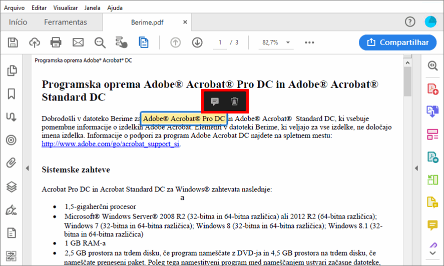 Açőes ao selecionar realce