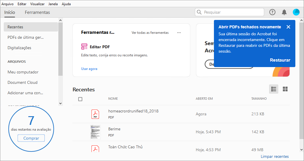 Abrir PDFs fechados novamente