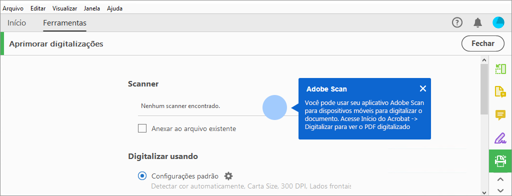 Dica de contexto para usar o aplicativo móvel Adobe Scan quando nenhum scanner for encontrado