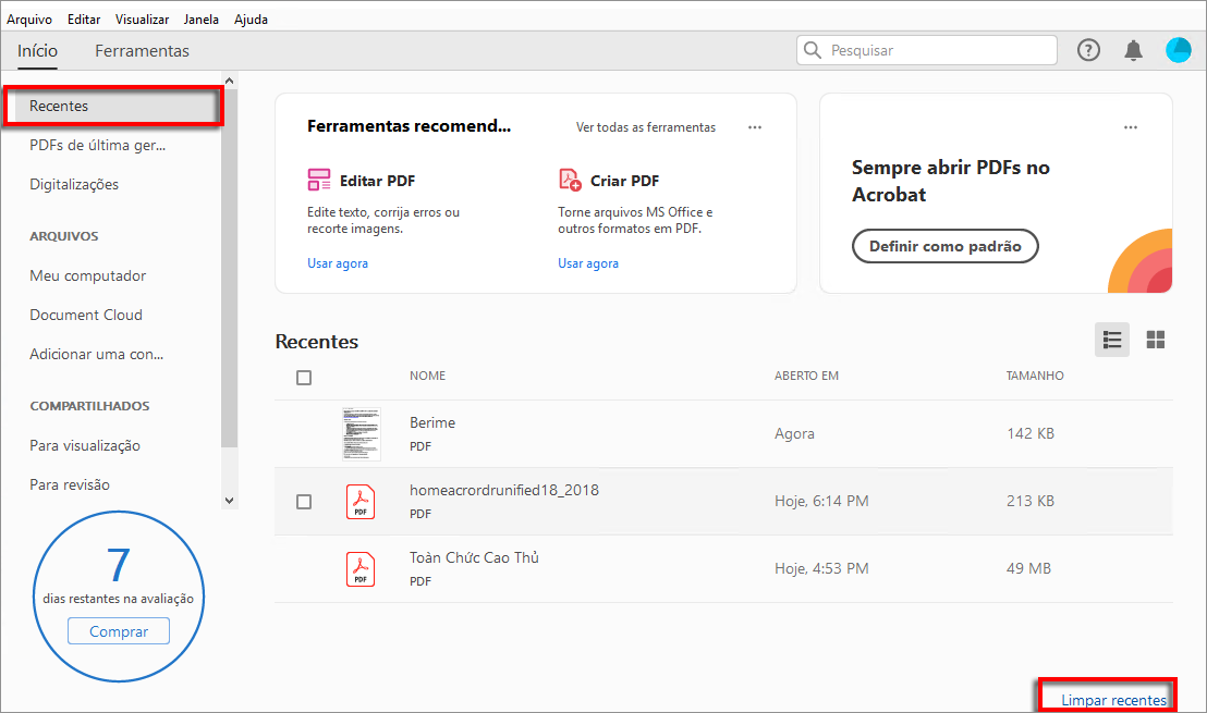 Limpar arquivos recentes