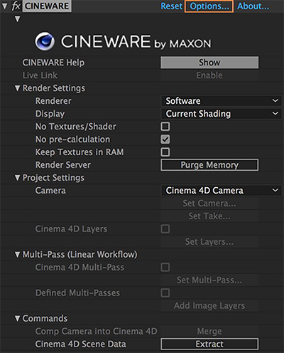 Configurações do Cineware Configurações do Cineware