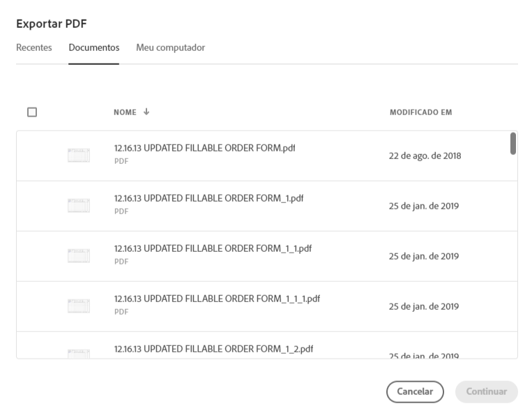 Selecione um arquivo na lista Recentes ou Documentos