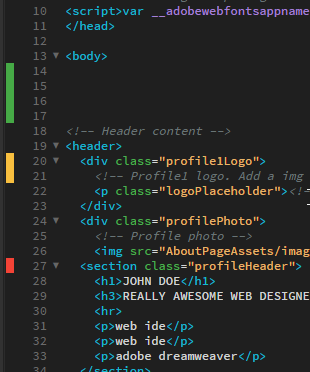 Guttermark Exibir marcas de medianiz para ver as alterações no código no Dreamweaver
