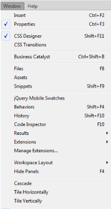 Opções do menu Janela no Dreamweaver CC