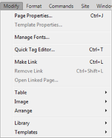 Opções do menu Modificar no Dreamweaver CC