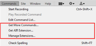 Menu Comandos — antes do Dreamweaver CC