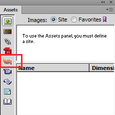 Painel Ativos — antes do Dreamweaver CC