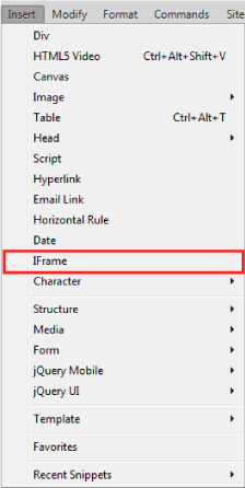 Opção IFrame no Dreamweaver CC