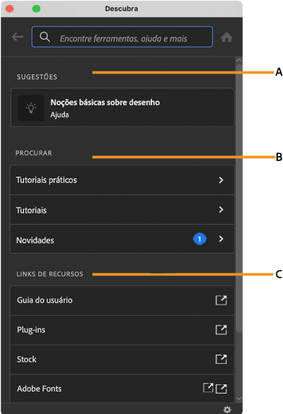 A interface do painel Descobertas na área de trabalho do Illustrator