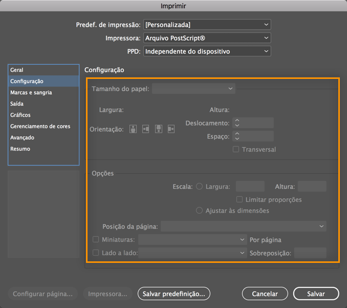 Não é possível personalizar as opções de página ao imprimir como um
