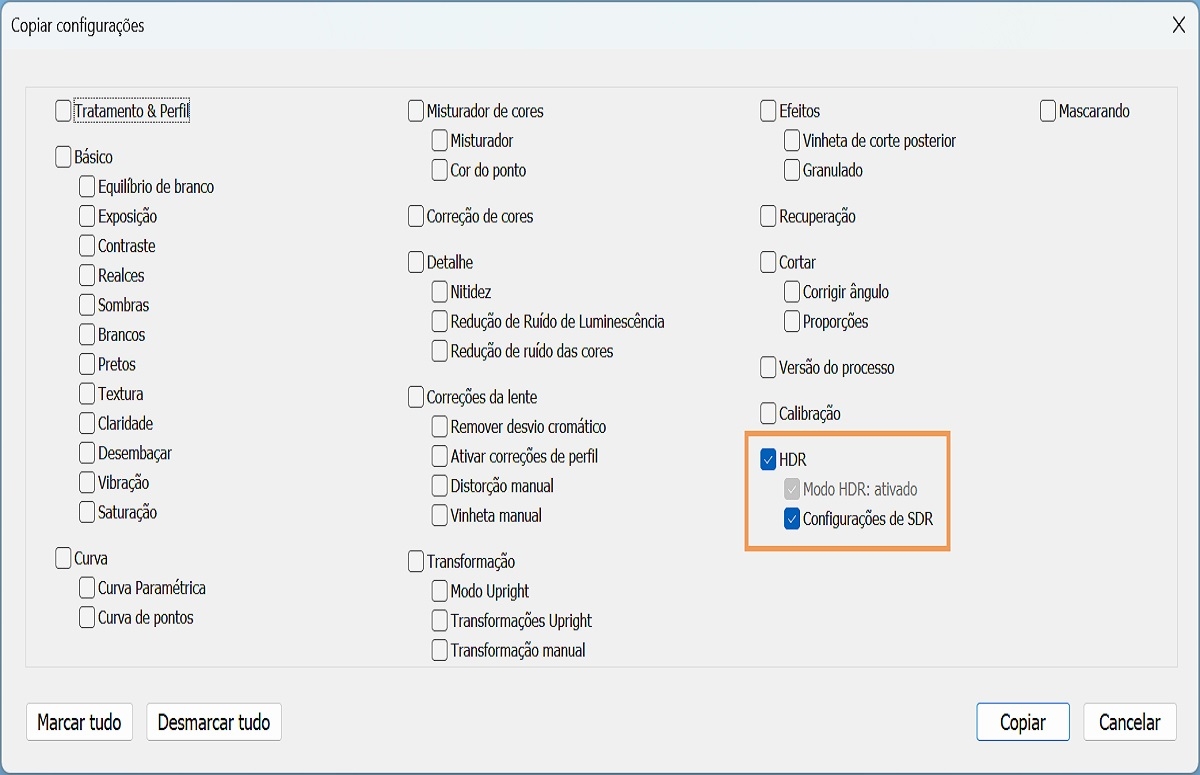Configuração de copiar e colar para HDR