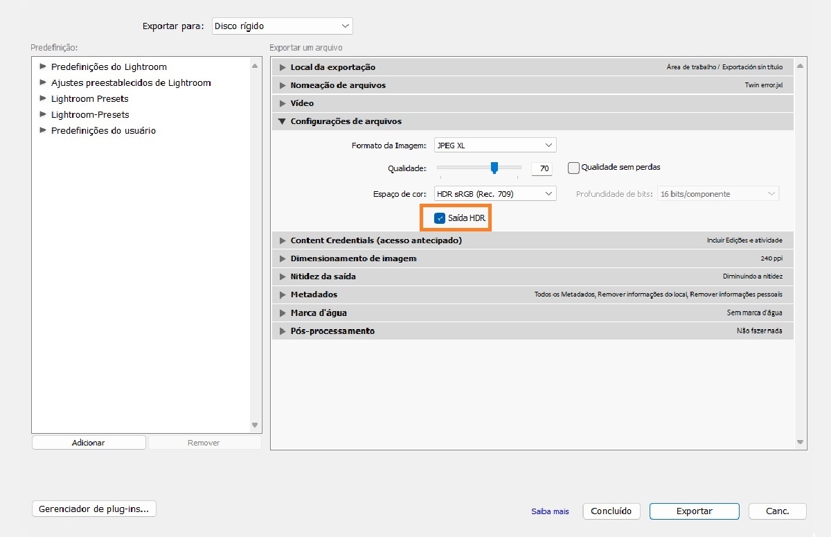Exportar configuração de HDR