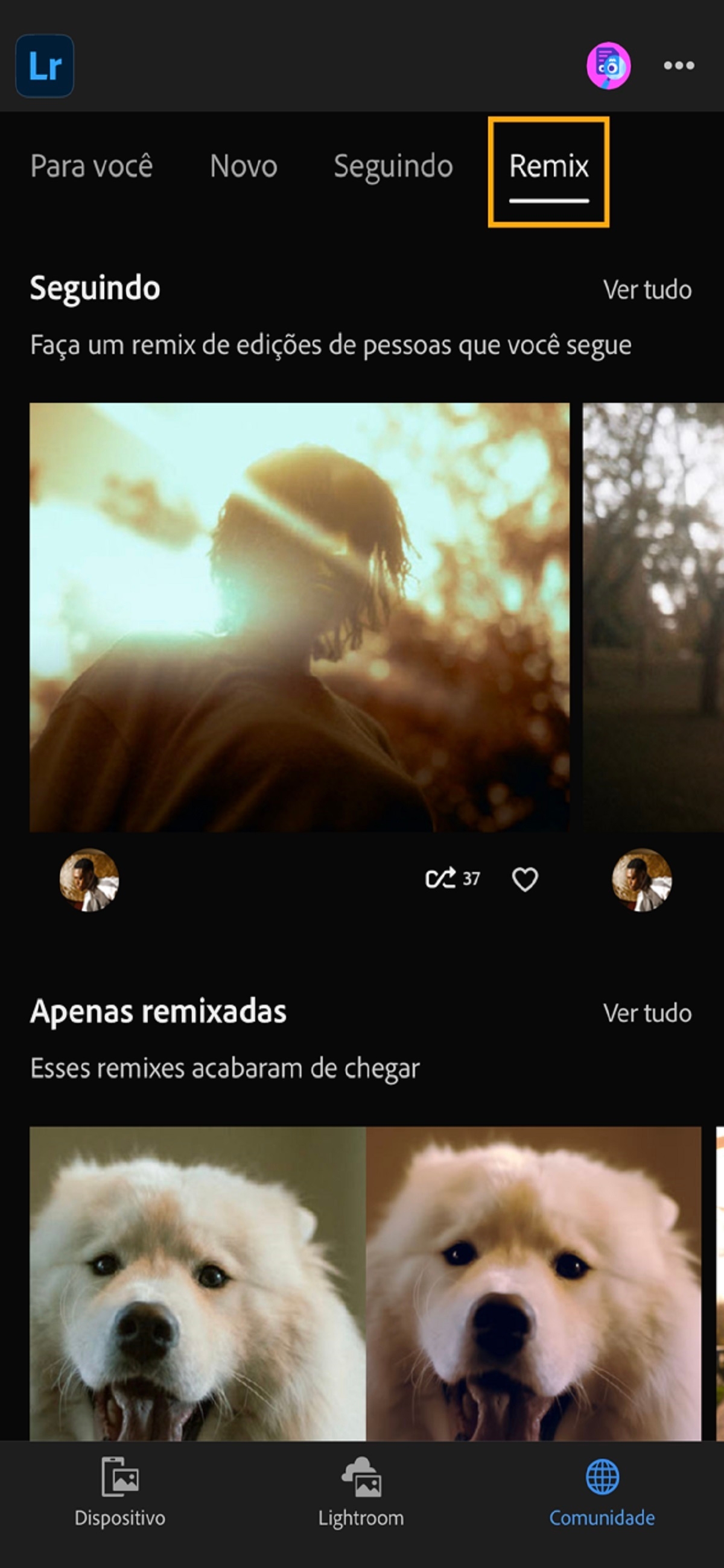 Inspiração e aprendizado no aplicativo no Lightroom para celular (iOS)
