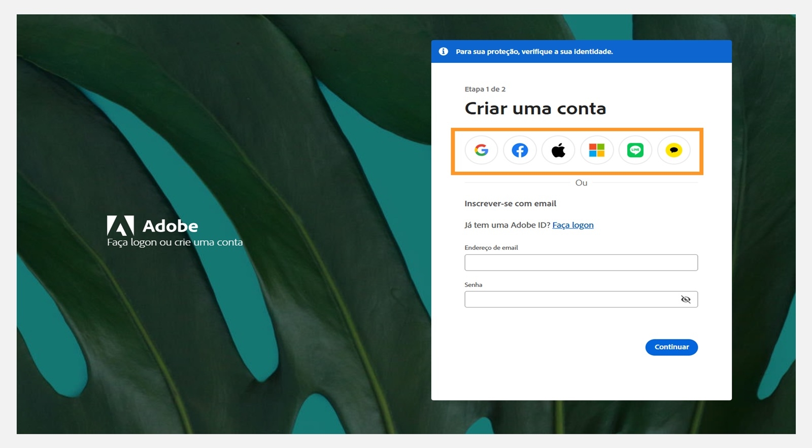 A página de login da conta Adobe exibindo a caixa de diálogo Criar uma conta com ícones destacados de plataformas de redes sociais para login.