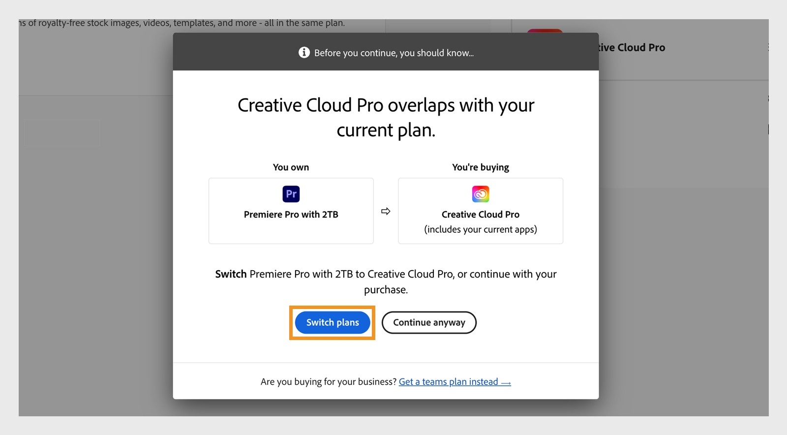 O botão trocar planos, disponível na janela que mostra um plano existente, permite atualizar seu plano para a Creative Cloud Pro.