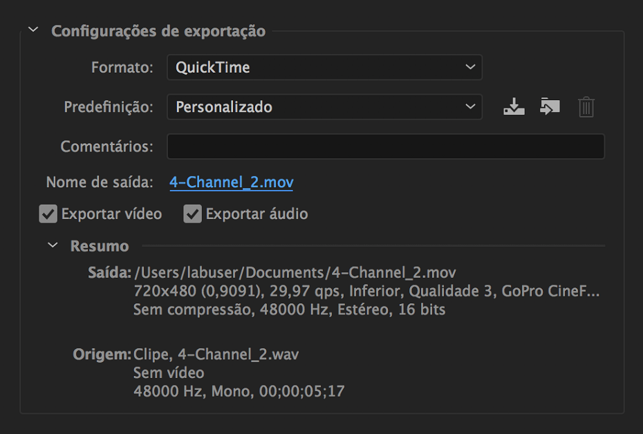 Referência das configurações de exportação para o Adobe Media Encoder