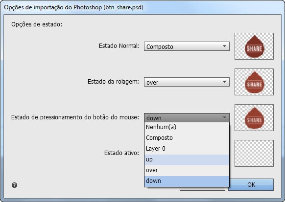 Use a caixa de diálogo Opções de importação do Photoshop para associar camadas existentes do Photoshop aos estados de botão desejados.