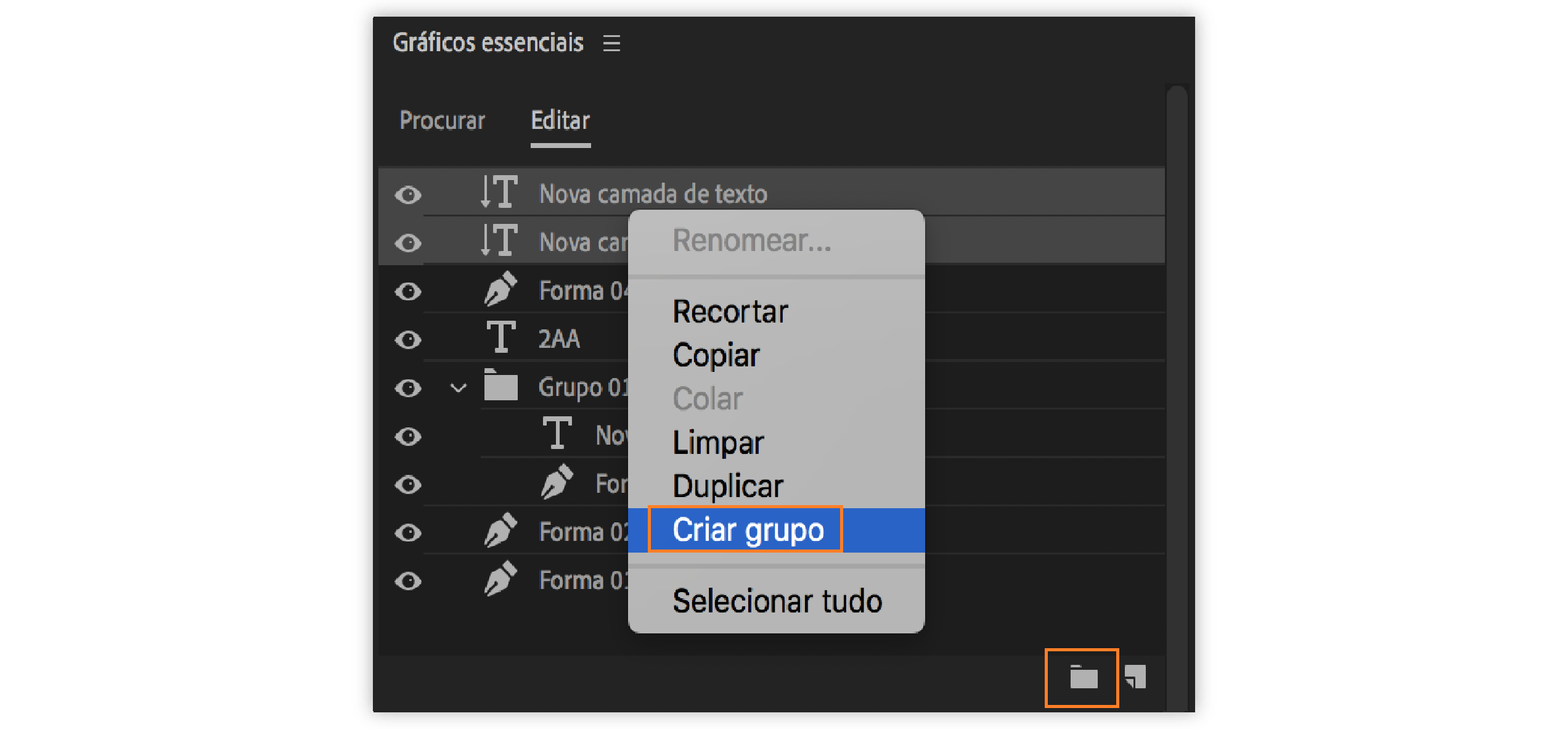 Criar grupos usando o ícone Criar grupo ou menu de contexto