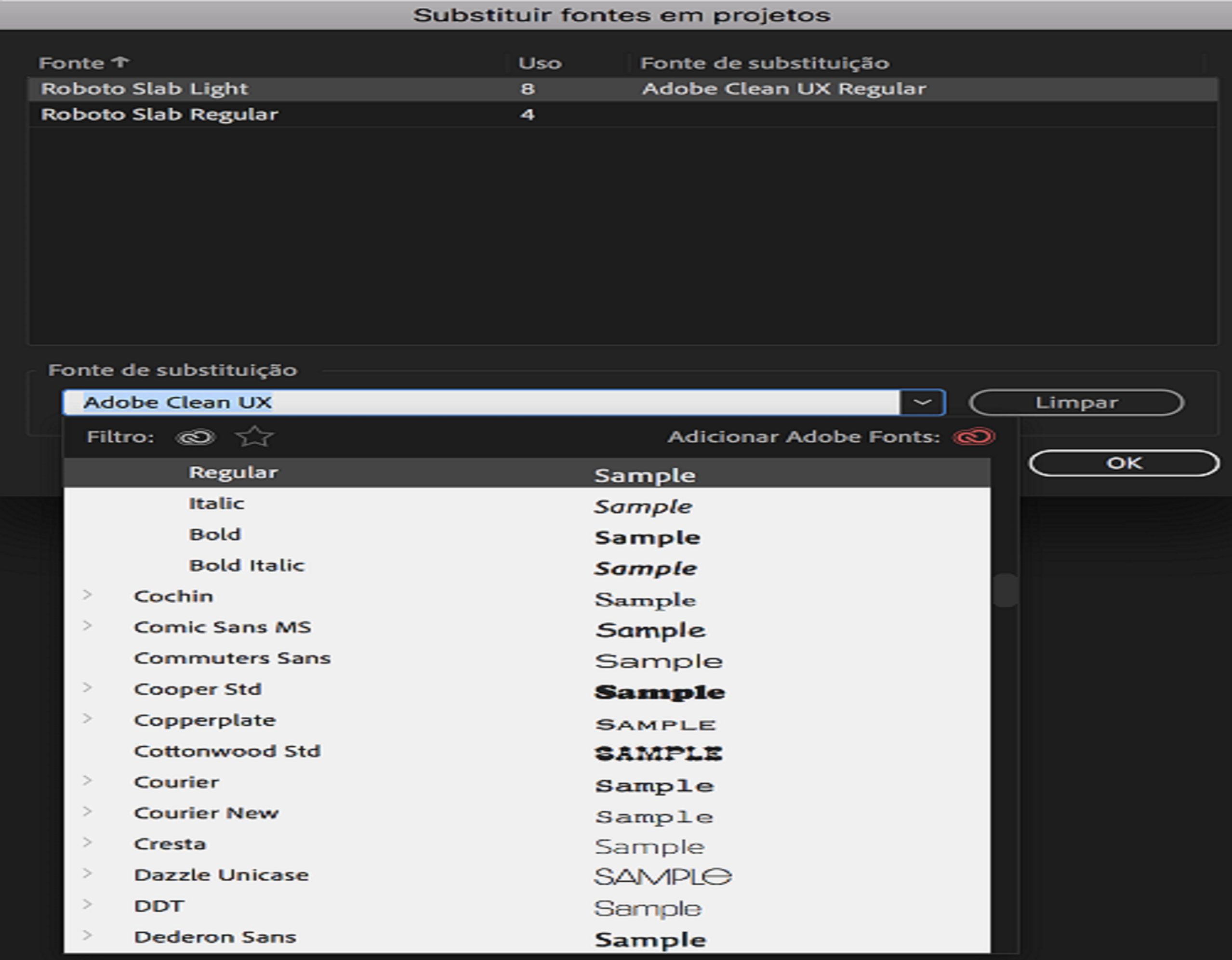 Substituir fontes em projetos