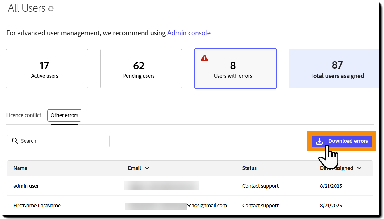 A visualização &quot;Usuários com erros&quot; destacando o botão Baixar erros.