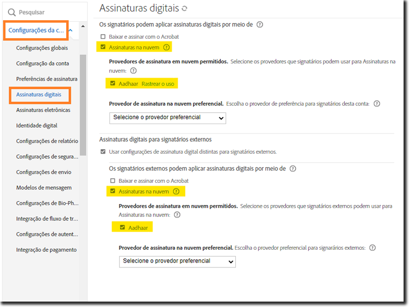 Configuração de assinaturas