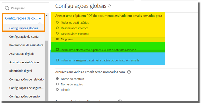 Configurações globais no menu do administrador, realçando os controles para anexar um PDF e exibir imagem e link em emails.