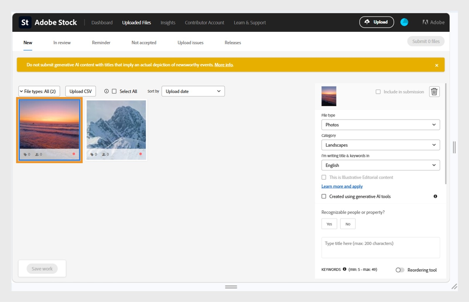 Captura de tela da página Arquivos enviados do Adobe Stock mostrando uma imagem selecionada, com o painel de metadados à direita exibindo campos como tipo de arquivo, categoria e palavras-chave para edição.