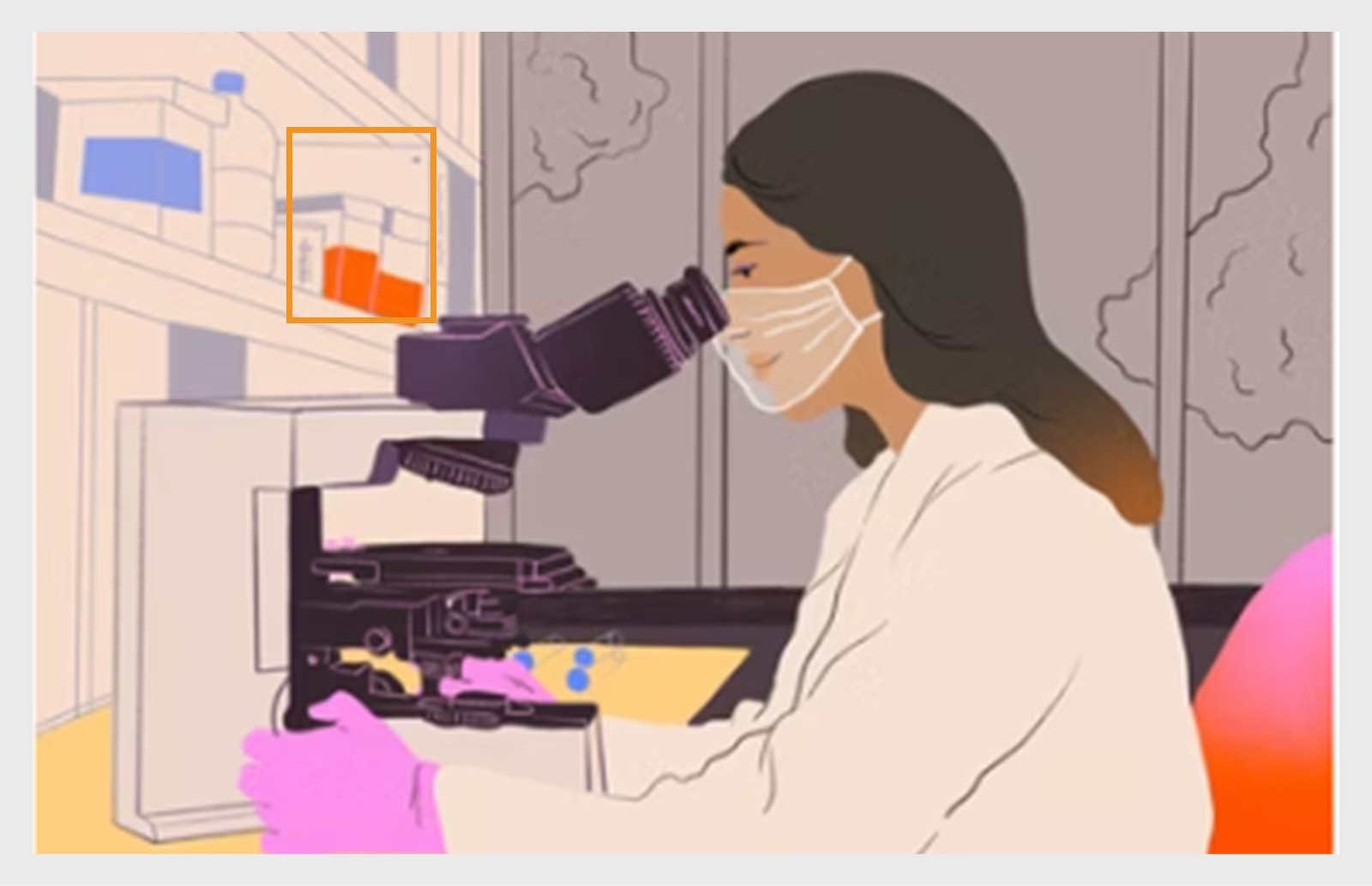 Ilustração de uma mulher trabalhando em um laboratório, usando máscara facial e luvas enquanto usa um microscópio.