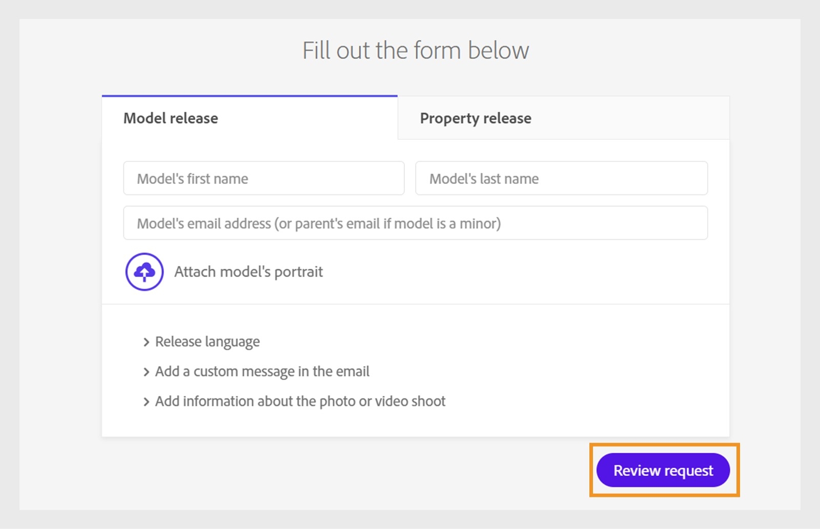 Captura de tela do formulário de autorização do Adobe Stock Contributor com o botão "Enviar para revisão" destacado para enviar a autorização para revisão.