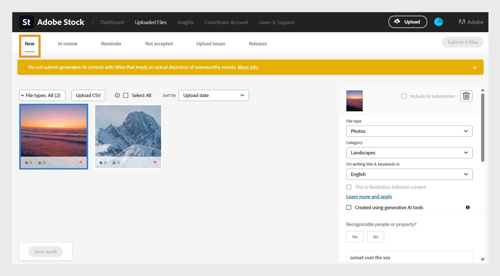 Quando quiser fazer upload de um arquivo CSV, selecione a guia Novo na página do Portal do Colaborador.