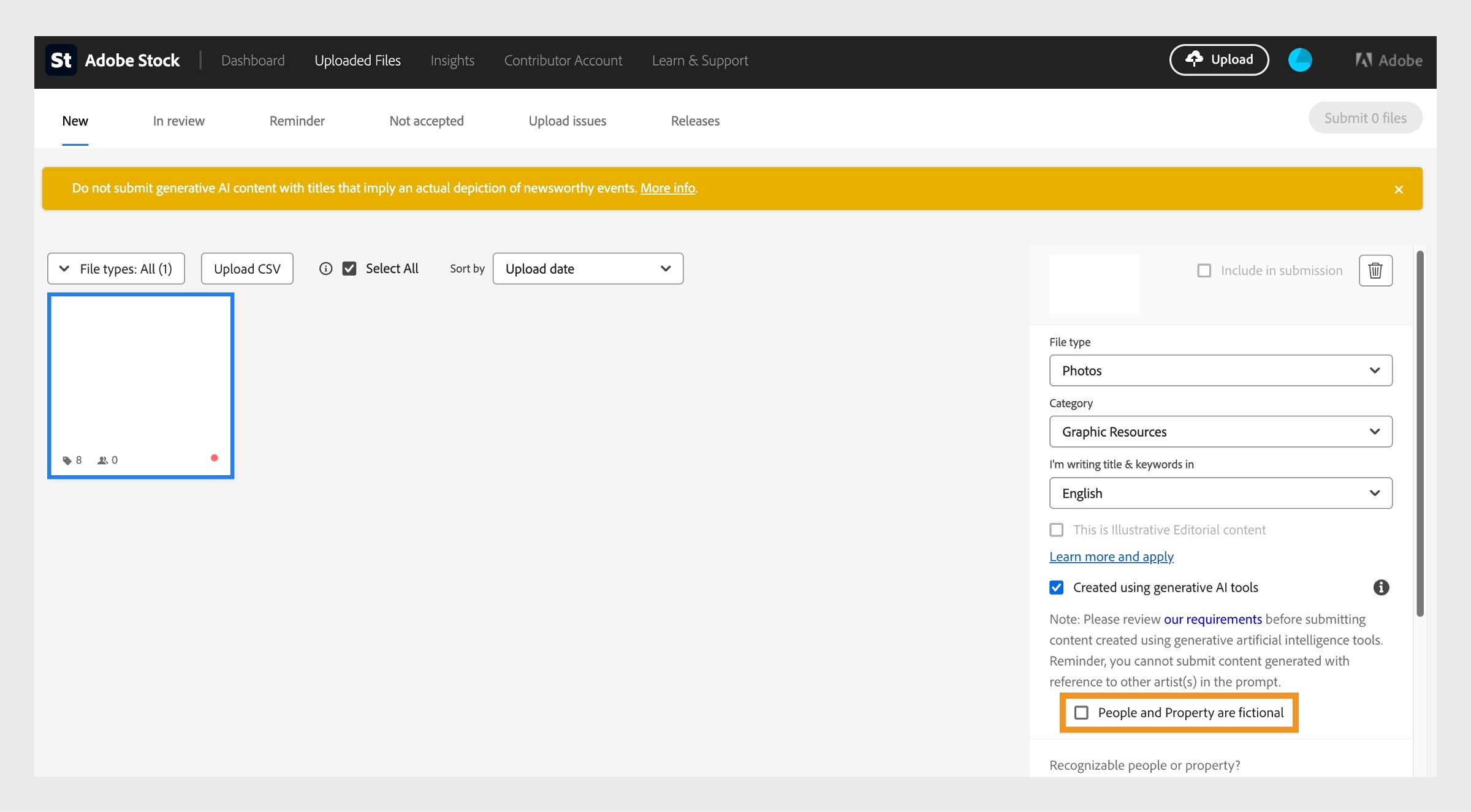 Captura de tela do painel Metadados do colaborador do Adobe Stock mostrando a opção Pessoas e Propriedades são fictícias selecionada para conteúdo criado usando ferramentas de IA generativa.