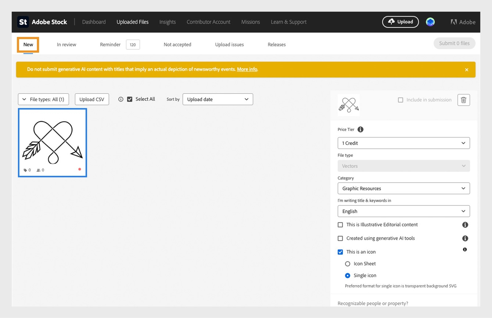 Captura de tela da página Arquivos carregados do Adobe Stock mostrando a aba Novo com imagens carregadas, painel de detalhes do arquivo à direita e opções para adicionar metadados como categoria, palavras-chave e configurações de envio.