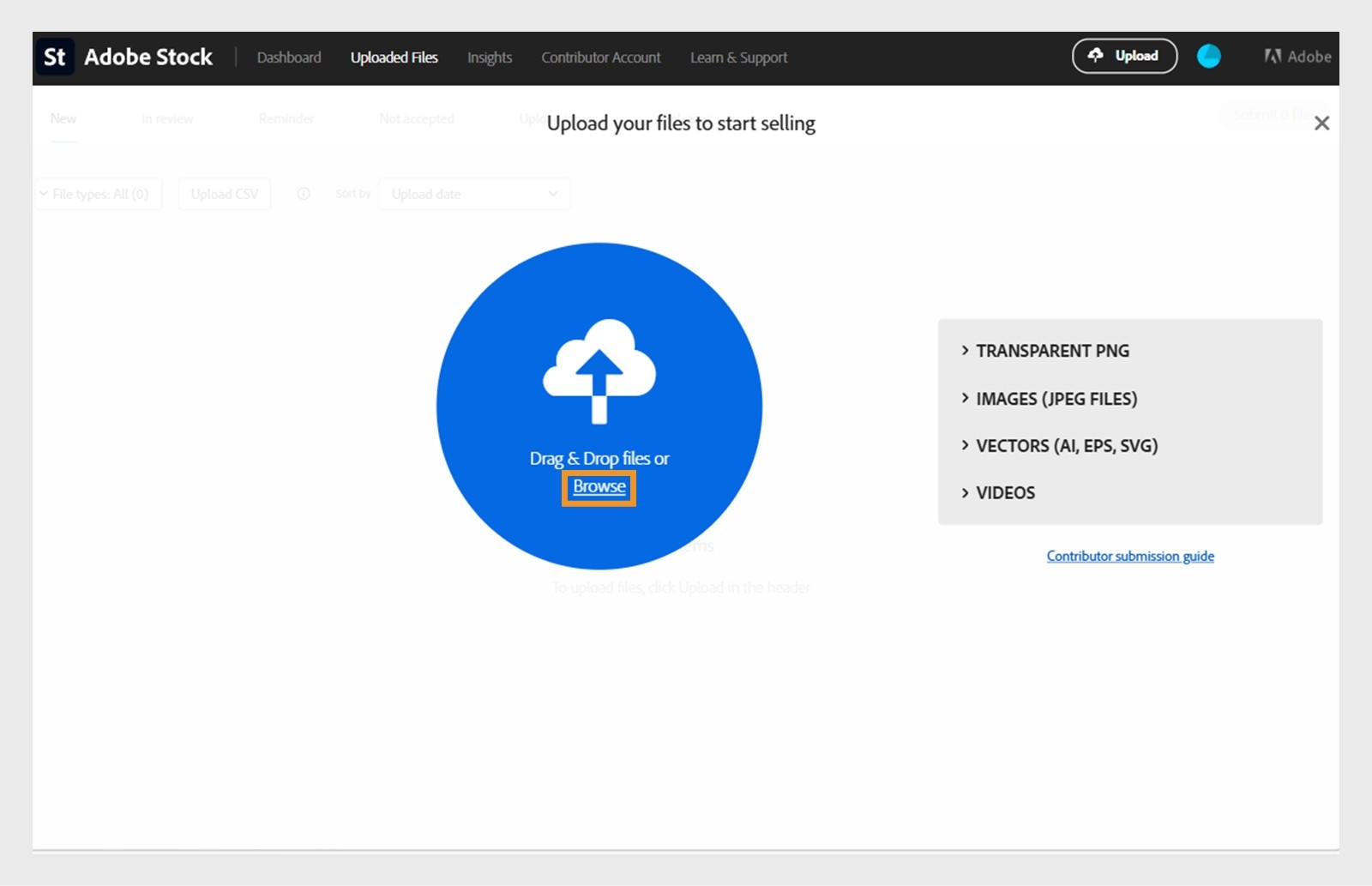 O botão Procurar, disponível próximo ao ícone de upload na tela, permite navegar pelos arquivos no computador para fazer upload do conteúdo para o Adobe Stock.