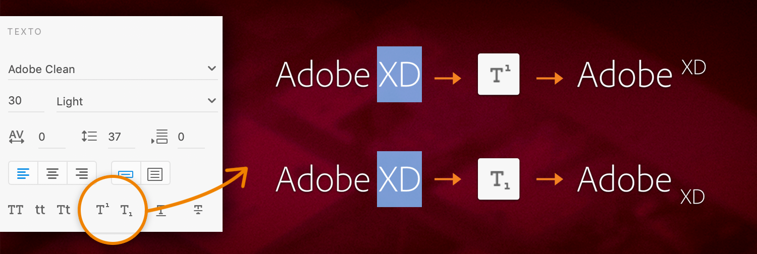 Opções de transformação de texto Sobrescrito e Subscrito