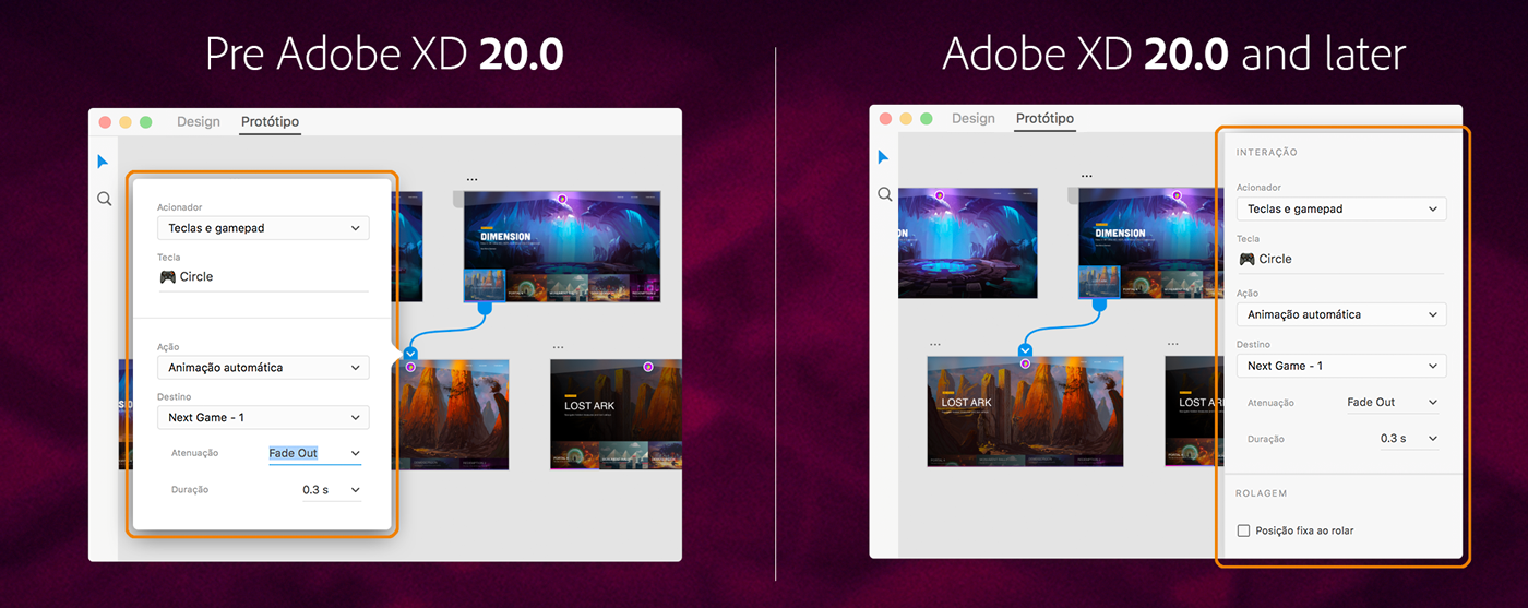 Novo Inspetor de propriedades no modo de Protótipo para definir e gerenciar atributos de protótipo. Ele substitui o painel Acionador.