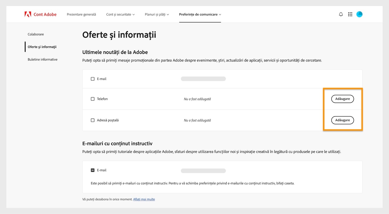 Butonul Adăugați, situat în partea dreaptă a ecranului sub Ultimele de la Adobe, vă permite să adăugați detalii de comunicare, cum ar fi un număr de telefon sau o adresă poștală.