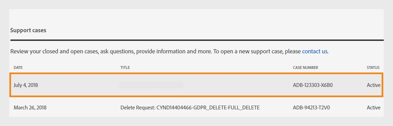 Pagina Istoric asistență afișează cazurile dvs. de asistență, data creării acestora, titlul, numărul cazului și starea.