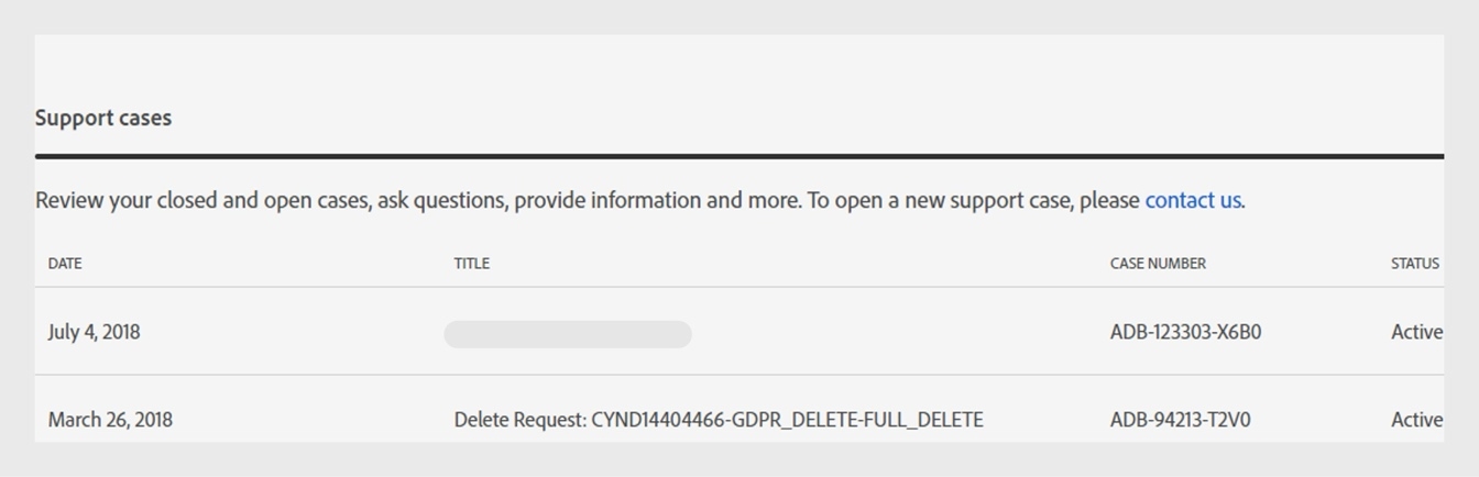 Pagina Istoric asistență afișează cazurile dvs. de asistență, data creării acestora, titlul, numărul cazului și starea.