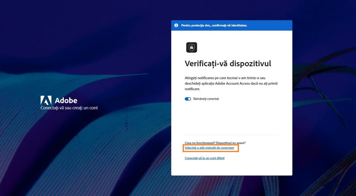 Pagina de conectare Adobe, cu fereastra Verificați-vă dispozitivul, unde este evidențiat Selectați o altă modalitate de conectare.